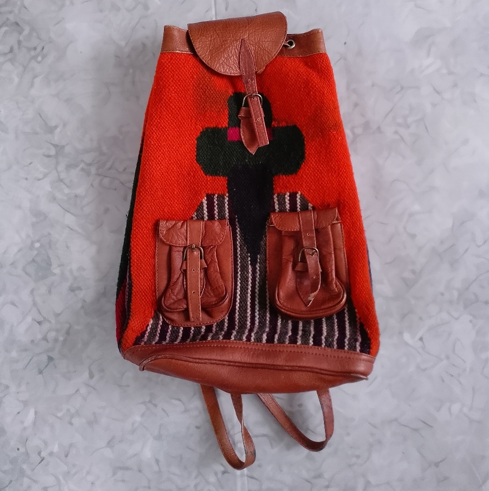 Vintage Peru Andean Hippie Boho Festival Wool Blanket Pockets Bag Backpack Rucks